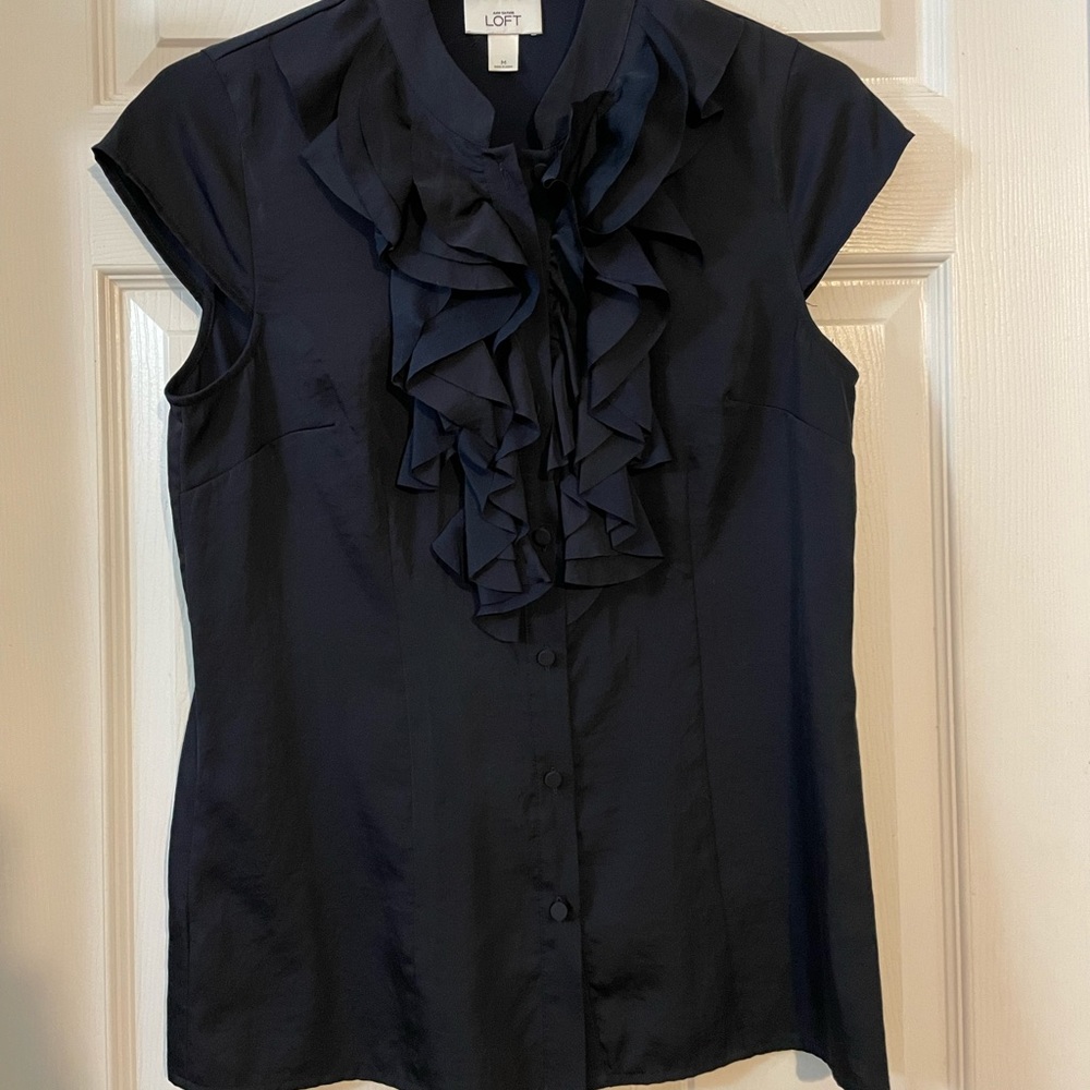 Navy Loft Short Sleeve Ruffle Blouse Button Up